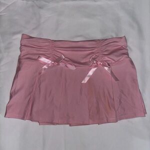 Pink Mini Skirt with Ruched Front and Ribbon Bow Detail – Cute & Flirty
